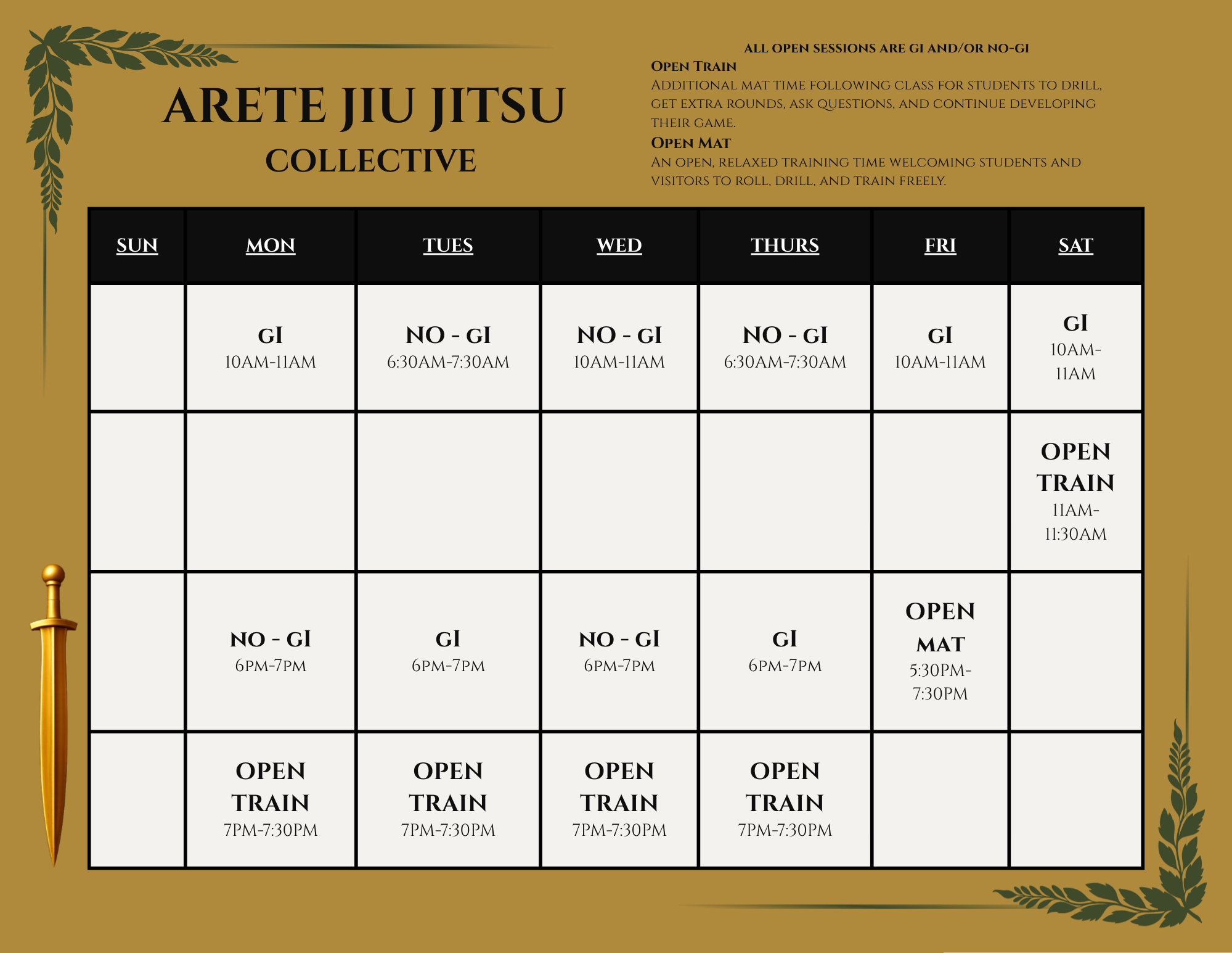 Arete weekly class schedule